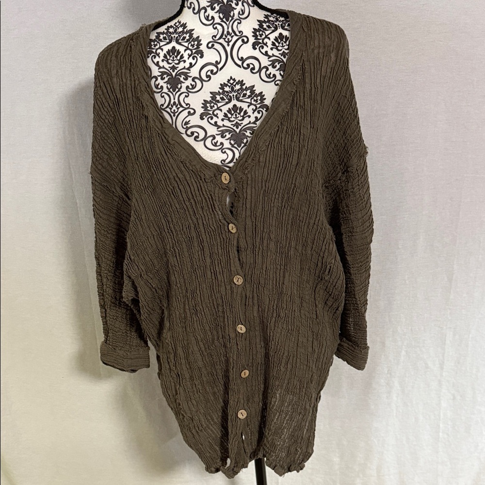 Intimately by Free People Button-Up Oversized Top Gray -Green Size tag missing